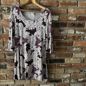 Vasna Purple Velvet With White Paisley Print Pattern 3-Quarter Sleeve Size Med